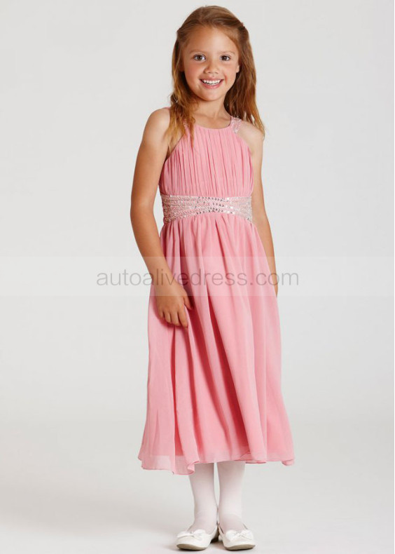 Pink Chiffon Beaded Tea Length Flower Girl Dress 